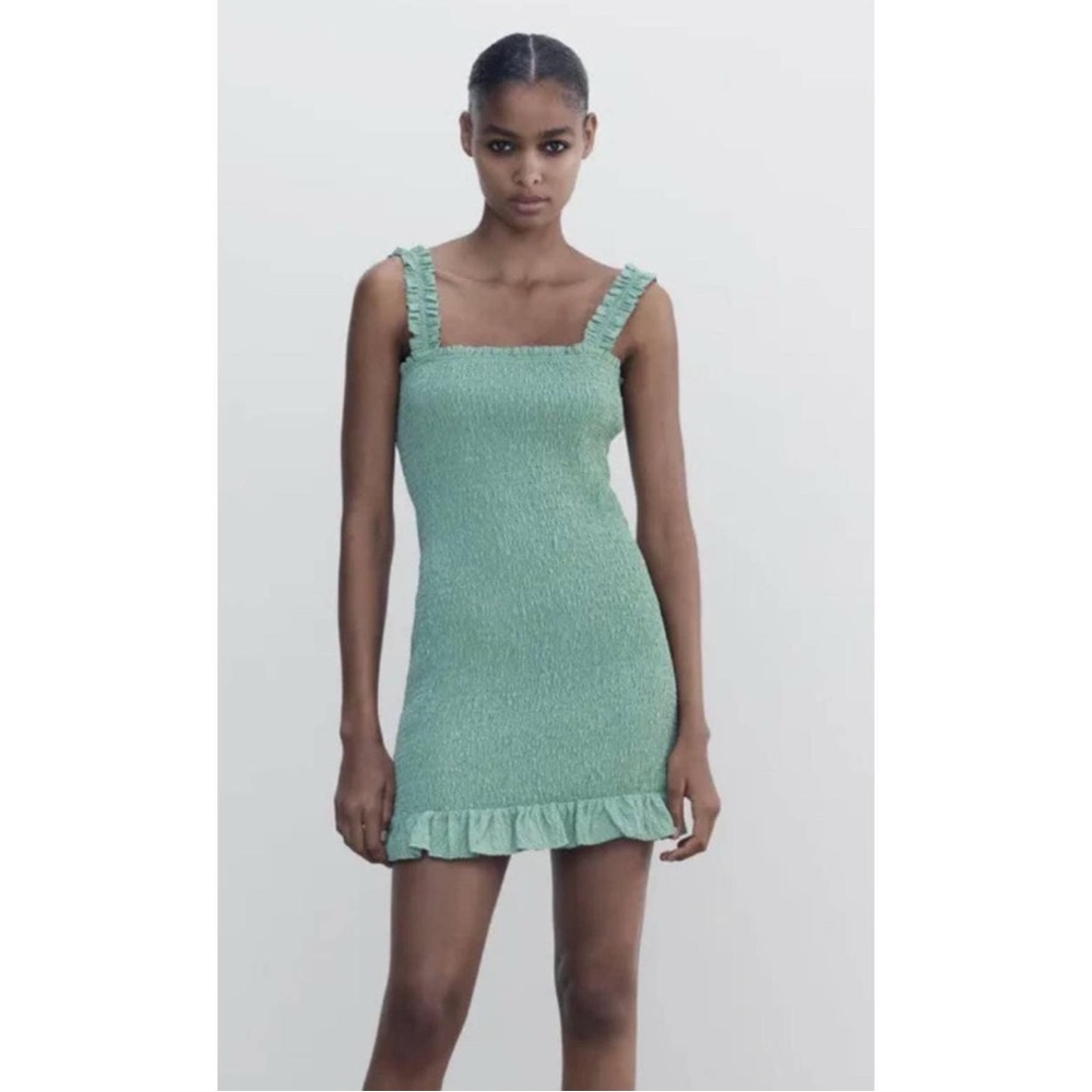 Zara Mini Smocked Ruched Mint Green Dress with Ruffle Hem, XL